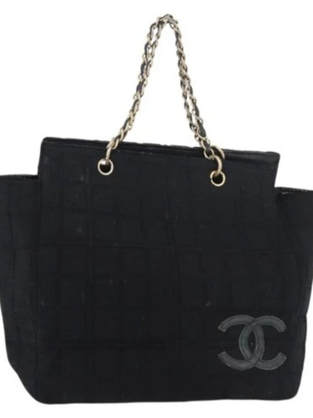 CHANEL Chain Hand Bag Cotton Black Gold CC Auth bs23972